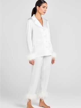 NADINE MERABI White Satin Feather-Trim Pajama Set